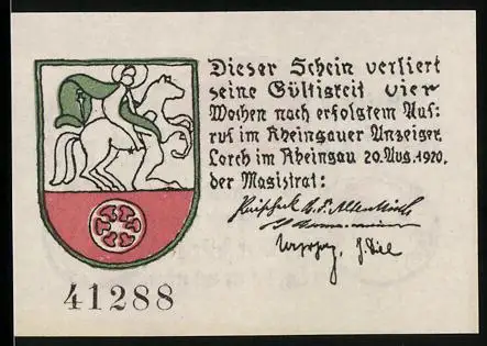 Notgeld Lorch a. Rh. 1920, 25 Pfennig, Reiter im Wappen, Frauengestalt mit Apfel