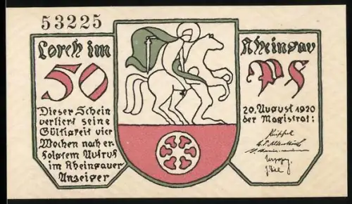 Notgeld Lorch im Rheingau 1920, 50 Pfennig, Reiter und Geselligkeit mit Weinfässern