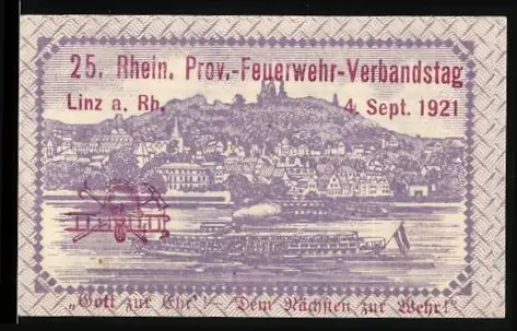 Notgeld Linz a. Rh. 1921, 25 Pfennig, Ortsansicht mit Dampfschiff und Wappen von Linz