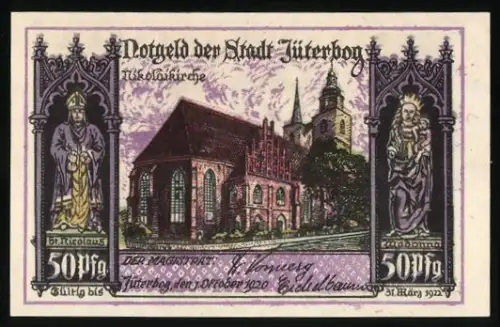 Notgeld Jüterbog 1920, 50 Pfennig, Nikolaikirche und Sarkophag-Motiv