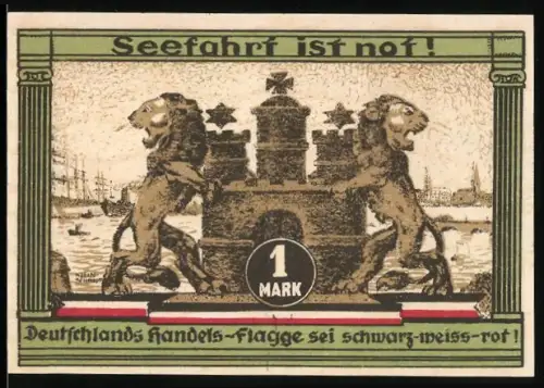 Notgeld Hamburg 1921, 1 Mark, Löwen mit Festung und Seefahrt-Motiv