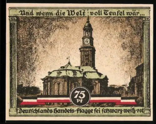 Notgeld Hamburg 1921, 75 Pfennig, Kirche und Säule mit Figur