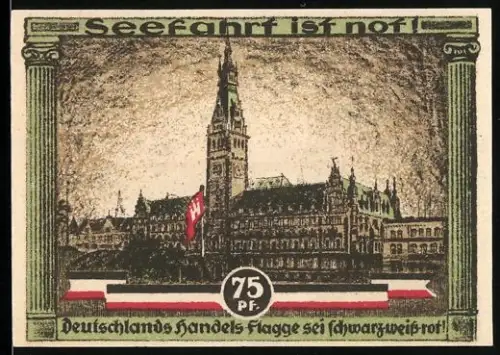 Notgeld Hamburg 1921, 75 Pf, Rathaus und Skulptur mit Säule und Sternen