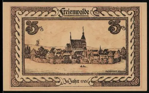 Notgeld Freienwalde i. Pom., 25 Pf, Kirchenansicht und Frauenporträt im Wald