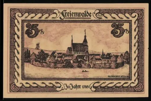 Notgeld Freienwalde /Pom., 25 Pf, Ortsansicht mit Kirche und Frauenporträt mit Stern im Haar