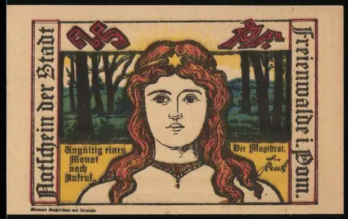 Notgeld Freienwalde i. Pom., 25 Pf, Frauenportrait und Porträts mit Pokal und Sinnspruch