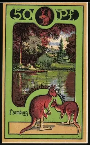 Notgeld Hamburg, 50 Pfennig, Kängurus im Zoologischen Garten und Ritter mit Engel