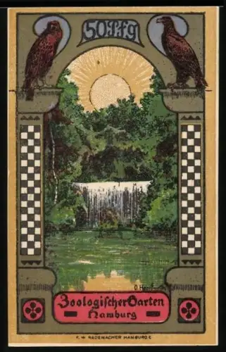 Notgeld Hamburg 1922, 50 Pfennig, Zoologischer Garten mit Wasserfall und Mann im Anzug