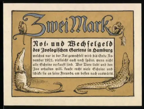 Notgeld Hamburg 1921, 2 Mark, Tiere im Zoo, Affe und Krokodile