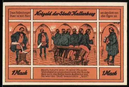 Notgeld Hallenberg 1921, 1 Mark, Szenen in einer Brauerei und altes städtisches Brauhaus