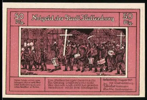 Notgeld Hallenberg 1921, 50 Pfennig, Osterumzug mit Kreuzen und Trommeln, Ortsansicht mit Kirche