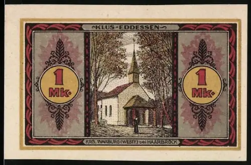 Notgeld Haarbrück /Beverungen 1921, 1 Mark, Kirche in Klus-Eddessen und Frater Petrus Eremit