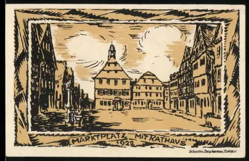 Notgeld Grünberg i. H. 1922, 100 Pfennig, Marktplatz mit Rathaus und Reiter auf Pferd zum 700-Jahrfeier