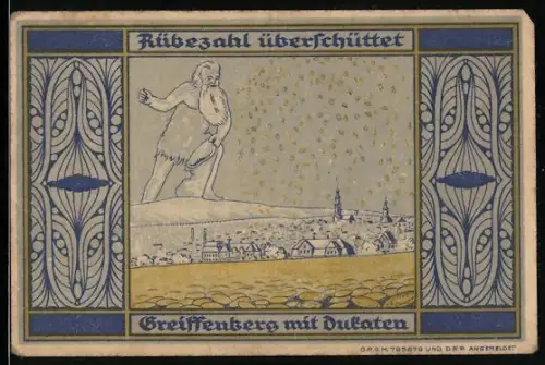 Notgeld Greiffenberg /Schl. 1921, 5 Mark, Rübezahl überschüttet Stadt mit Dukaten, Wappen mit Löwe