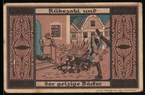 Notgeld Greiffenberg /Schl. 1921, 3 Mark, Rübezahl und der geizige Bäcker, Wappen mit Löwe und Turm