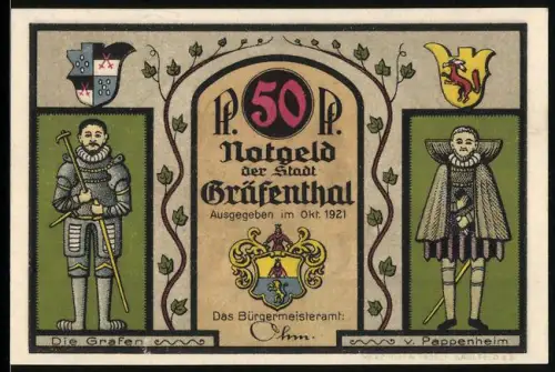 Notgeld Gräfenthal 1921, 50 Pfennig, Grafen mit Kutsche und Stadtwappen
