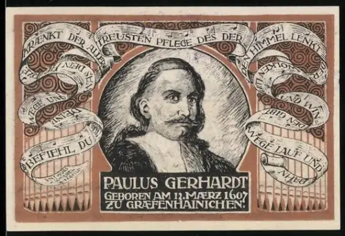 Notgeld Gräfenhainichen /Bitterfeld 1921, 100 Pf, Paulus Gerhardt Porträt und Stadtsilhouette