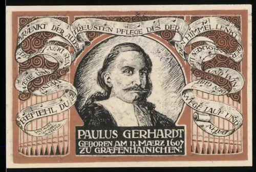 Notgeld Gräfenhainichen /Bitterfeld 1921, 100 Pf, Paulus Gerhardt Porträt und Ortsansicht mit Stadtwappen