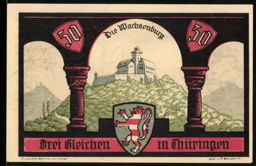 Notgeld Wachsenburg /Thüringen 1921, 50 Pfennig, Wachsenburg und Heimkehr im Freudental, Wappen der Region