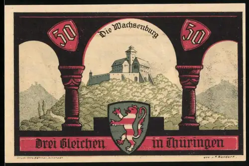 Notgeld Wachsenburg /Thüringen 1921, 50 Pfennig, Wachsenburg und Sage vom zweibewerbten Grafen von Gleichen