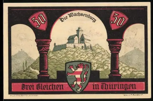 Notgeld Wachsenburg /Thüringen 1921, 50 Pfennig, Wachsenburg und Belagerung mit Rittern und Kanonen