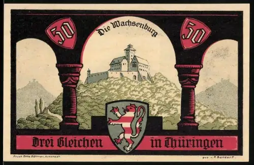 Notgeld Wachsenburg /Thüringen 1921, 50 Pfennig, Wachsenburg und historische Szene mit Rittern