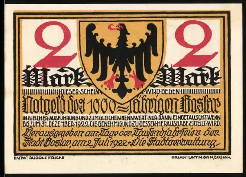 Notgeld Goslar 1922, 2 Mark, Reichsadler und Figuren mit grossen Zahlen