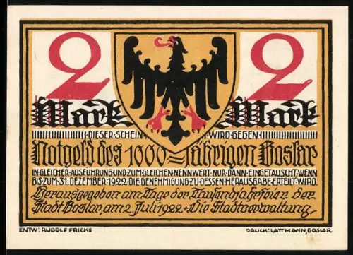 Notgeld Goslar 1922, 2 Mark, Stadtwappen, Hirt und Arbeiter mit Werkzeugen