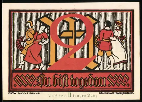 Notgeld Goslar 1922, 2 Mark, Tanzmotiv und Wappen mit Reichsadler