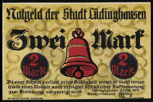 Notgeld Lüdinghausen 1921, 2 Mark, rote Glocke und Till mit Hammer im Kampf gegen Bürgermeister