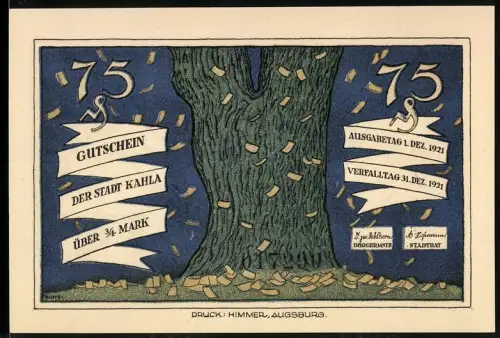 Notgeld Kahla 1921, 75 Pf, Baum mit fallenden Blättern und Mann mit Besen und Spruchbändern