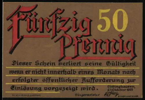 Notgeld Lüdinghausen 1921, 50 Pfennig, Uniformierter Mann mit Horn und Schriftrolle