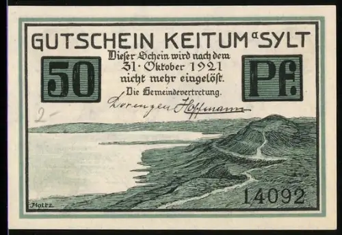 Notgeld Keitum a. Sylt 1921, 50 Pf, Küstenlandschaft und Ortsansicht mit Häusern