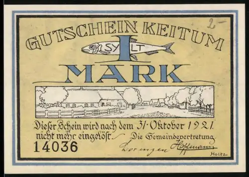Notgeld Keitum auf Sylt 1921, 1 Mark, Haus und Landschaft mit Inschrift und Fischmotiv