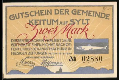 Notgeld Keitum auf Sylt 1920, 2 Mark, Fisch und Porträt von Uwe Jens Lornsen in Dünenlandschaft