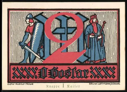 Notgeld Goslar 1922, 2 Mark, Ritter und Kaiser, Adlerwappen