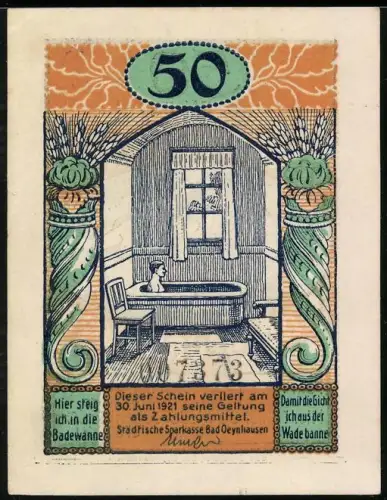 Notgeld Bad Oeynhausen 1921, 50 Pfennig, Badewanne und Brunnen mit Figuren