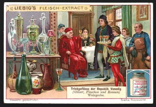 Sammelbild Liebig, Trinkgefässe der Republik Venedig, Gläser, Flaschen und Kannen, Weinprobe