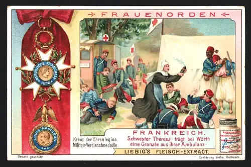 Sammelbild Liebig, Frauenorden, Frankreich, Schwester Theresa trägt eine Granate aus ihrer Ambulanz