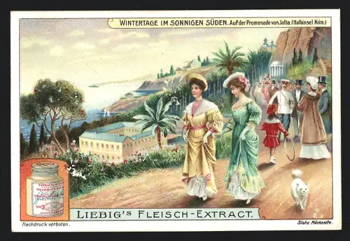 Sammelbild Liebig, Wintertage im sonnigen Süden, Auf der Promenade von Jalta, Halbinsel Krim