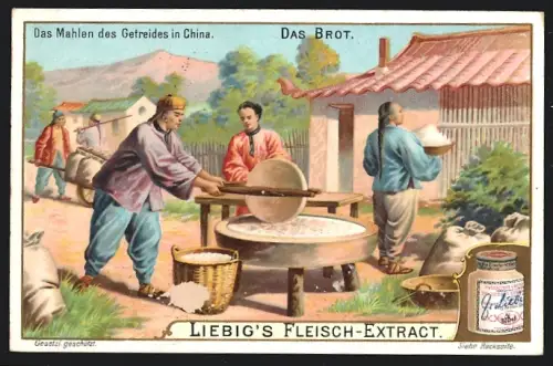 Sammelbild Liebig, Das Brot, Das Mahlen des Getreides in China