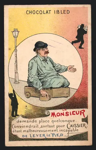 Sammelbild Mondicourt, Chocolat Ibled, Mann mit Hut sitzt in einem kleinen Wagen