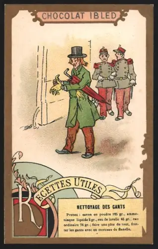 Sammelbild Mondicourt, Chocolat Ibled, Mann mit Regenschirm und zwei Soldaten