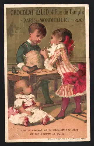Sammelbild Mondicourt, Chocolat Ibled, Drei Kinder an einem Tisch
