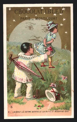 Sammelbild Mondicourt, Chocolat Ibled, Pierrot und Mädchen vor einem Mondgesicht