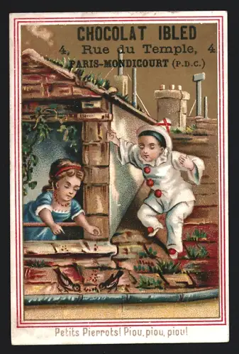Sammelbild Mondicourt, Chocolat Ibled, Pierrot und Mädchen auf einem Dach