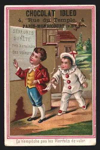 Sammelbild Mondicourt, Chocolat Ibled, Pierrot stiehlt das Taschentuch eines Mannes