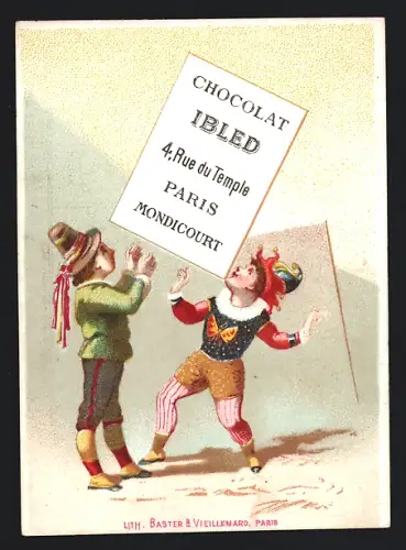 Sammelbild Mondicourt, Chocolat Ibled, Narr mit Schmetterling auf der Brust