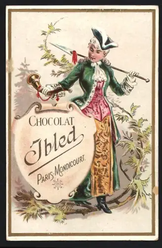 Sammelbild Mondicourt, Chocolat Ibled, Elegante Dame mit einem Speer