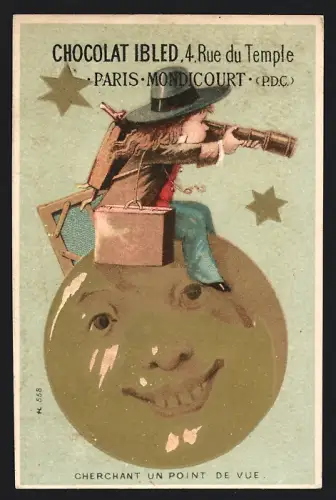 Sammelbild Mondicourt, Chocolat Ibled, Kind mit Fernrohr sitzt auf dem Mond